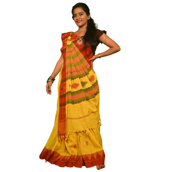 Authentic Kotpad Traditional Cotton Saree | Brick Red with Black Tribal Accents & Woven Striped Pallu | Handwoven by Koraput Tribal Artisans