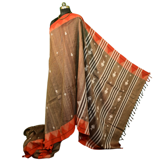 Traditional Kotpad Tussar Saree | Brown Body with Red Border & Fish Motifs | Handwoven Koraput Tribal Weave