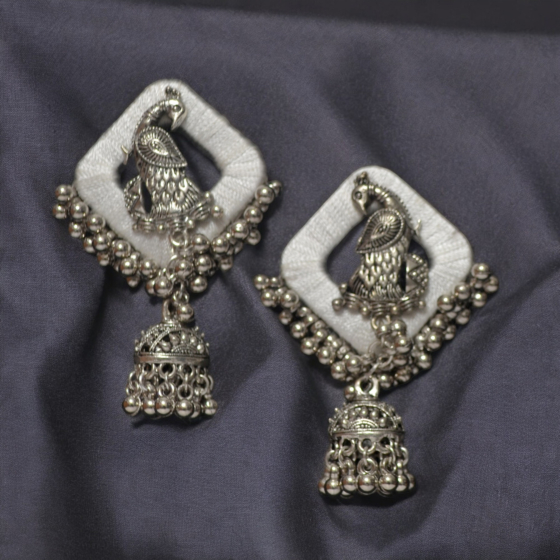 Trendy Silk Oxidised Peacock Jhumka Earrings - White