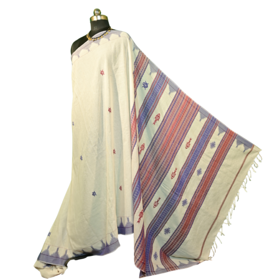 Authentic Kotpad Traditional Cotton Saree | Natural Aal Dyed Tribal Motifs | Off-White with Maroon & Purple Borders | Handwoven by Koraput Artisans