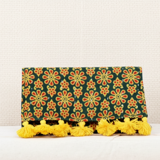 Green & Yellow Printed Clutch with Tassels 