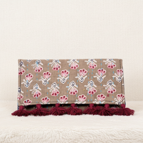 Light Brown Floral Printed Clutch with Red Tassels | Small Casual Purse