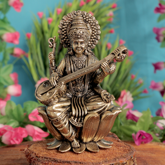 Small Goddess Saraswati Murti for Pooja, Study Table & Office Desk BH11980