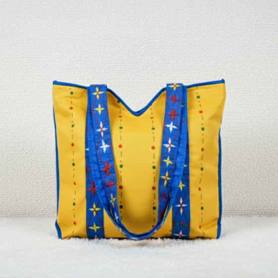 Yellow Minimal Embroidered Bag with Blue Handle 