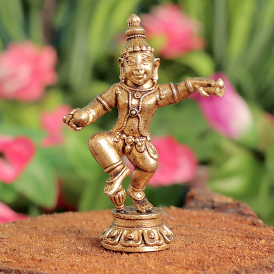 Brass Krishna Idol Small Mini Lord Krishna Murti with Flute for Pooja KBH12030