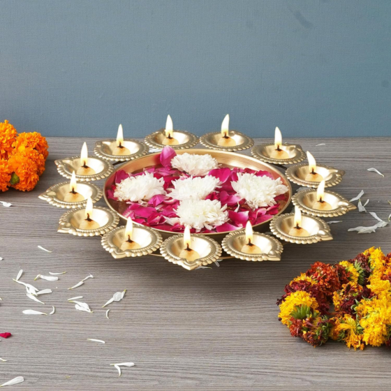 Golden Urli Bowl 13 Diyas | Set of 2