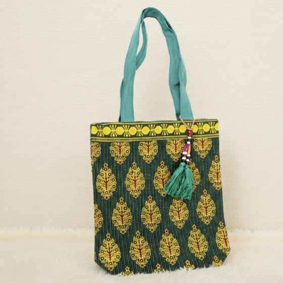 Dark Green Ethnic Motif Printed Tote | Medium Casual Bag