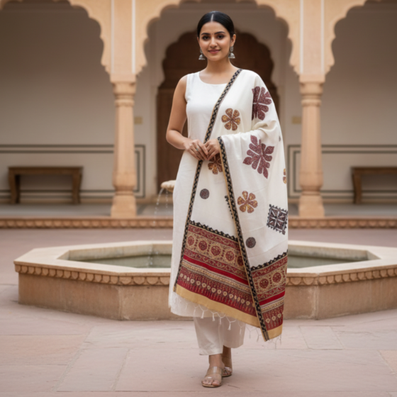 Heritage Blend White Ajrakh Patchwork Dupatta