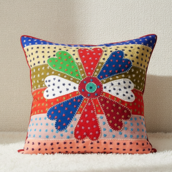 Multicolor Floral Embroidered Cushion Cover 