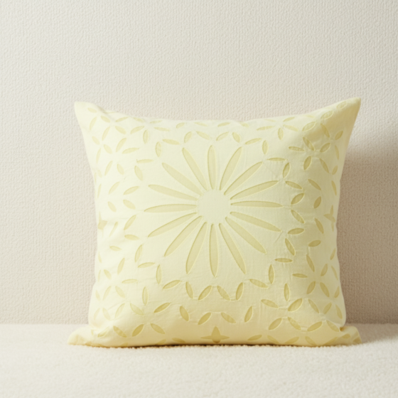 Pastel Yellow Applique Cutwork Cushion Cover 