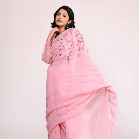 Linen Embroidery Saree Half & Half Design with Plain Border & Running Blouse - 100 Count Premium Linen