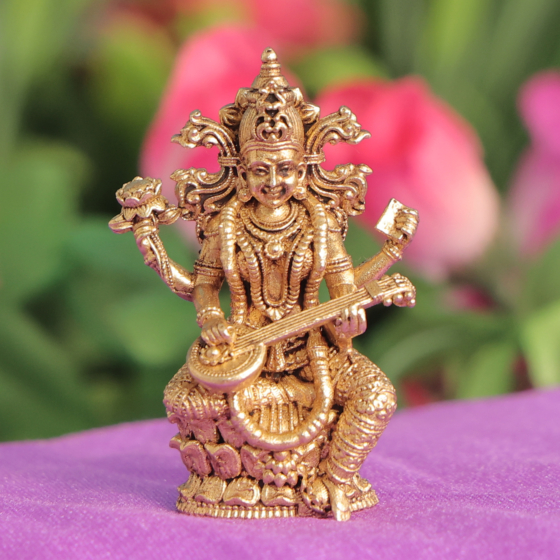 Mini Brass Goddess Saraswati Statue for Home Temple, Study Table, Office Desk & Vasant Panchami Decoration BH12017