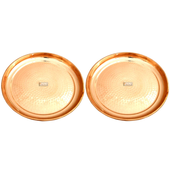 Prisha India Craft Pure Copper Hammered Serving Dinner Thali Plate set of 2