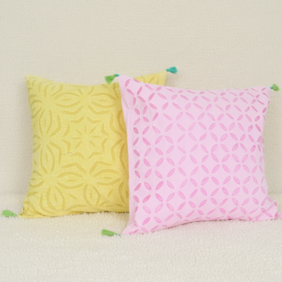Set of 2 Pastel Yellow & Pink Applique Cutwork Cushion Covers 