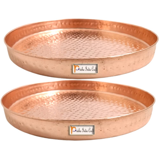 Prisha India Craft Pure Copper Hammered Dinner Set Thali Plate Set of 2