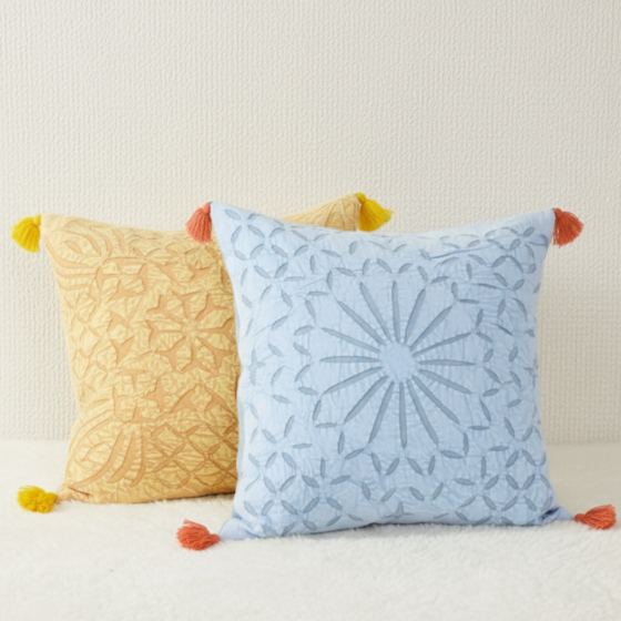 Set of 2 Yellow & Blue Applique Cutwork Cushion Covers