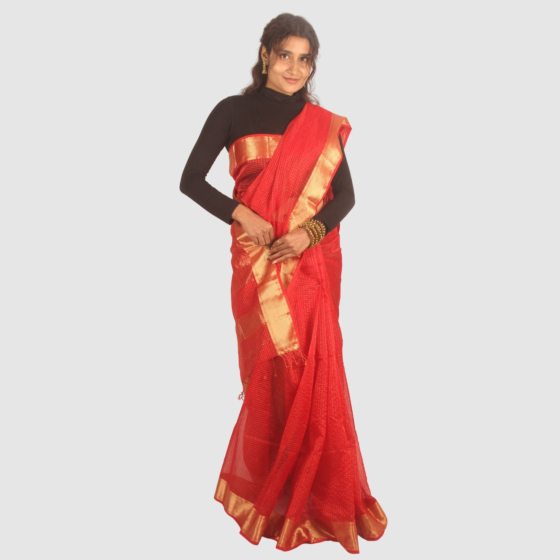 Royal Crimson Maheshwari Silk Cotton Handloom Saree with Antique Gold Zari