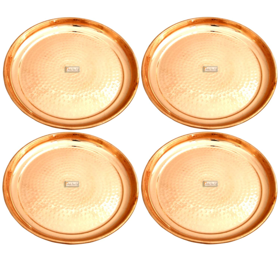 Prisha India Craft Pure Copper Hammered Serving Dinner  Thali Set of 4