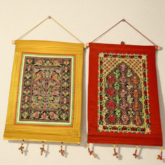 Red & Yellow Embroidered Wall Hanging | Decorative Home Art
