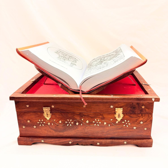 Santarms Handmade Sheesham Wood Large Ramayana Box Rehal Storage Box with Brass Inlay Wooden Book Reading Stand for Heavy Books Gita and Ramayan with Lock