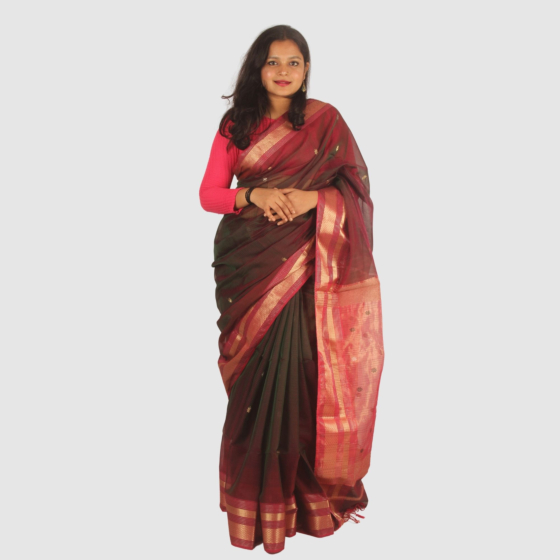 Premium Handloom Maroon Green Saree with Gold Finish