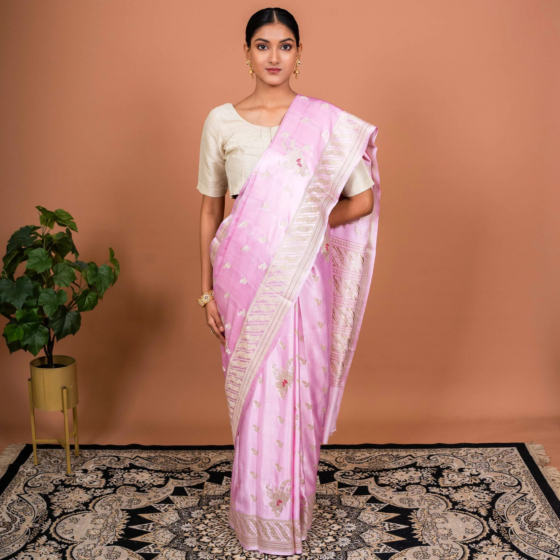Guldasta Handwoven Banarasi Silk Saree in Pink | Pure Silk