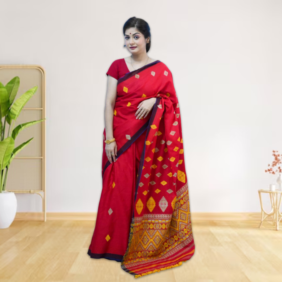 Handmade Cotton Raw Silk Saree | Red