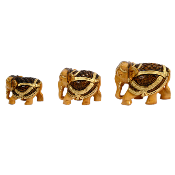 Handcrafted Wooden Elephant Set with Golden Painting 3 Piece BH00580