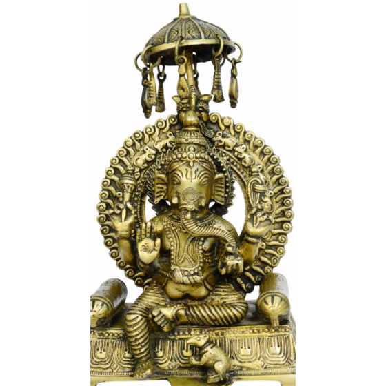 Brass Sitting Ganesha on Bajath with Umbrella Idol KBH00800
