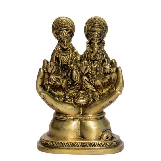 Brass Ganesha & Laxmi Sitting on Hand Idol KBH00926
