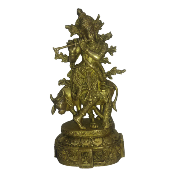Brass Krishna With Cow Idol KBH03566