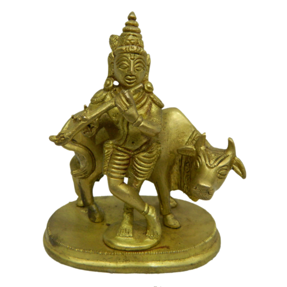 Brass Krishna With Cow Idol KBH04225