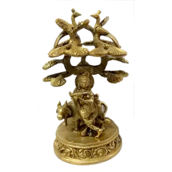 Brass Krishna with Cow and Tree Idol KBH04549