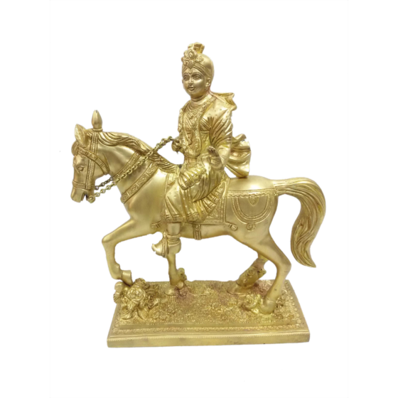 Brass Sahjanand Sitting on Mabki Horse Statue KBH04821