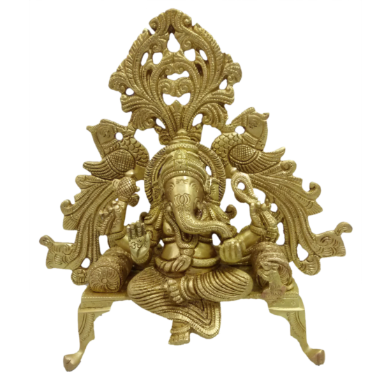 Brass Lord Ganesha Sitting on Peacock Sinhasan Idol KBH04825