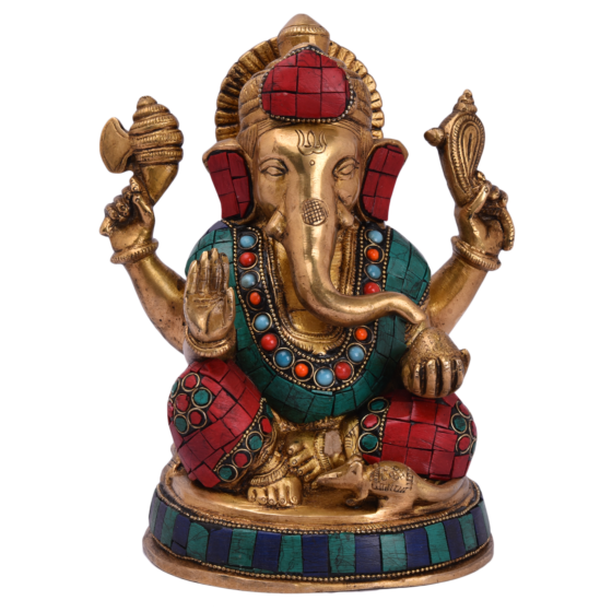 Brass Stone Work Medium Lord Ganesha Statue Idol KBH05054