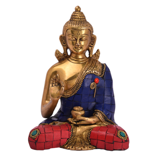 Brass Stone Work Sitting Buddha Medium Statue Idol KBH05056