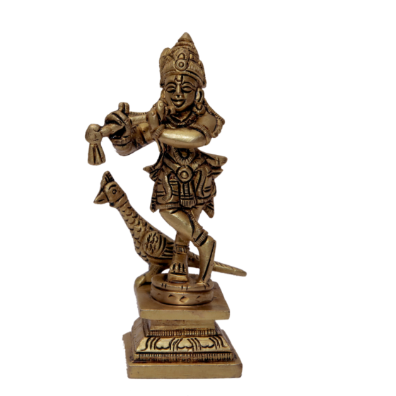 Brass Krishna with Peacock Playing Flute KBH07176