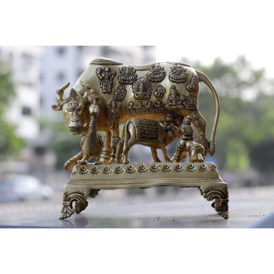 Brass Big Cow Calf Peacock Krishna Lalo Showpiece KBH07323