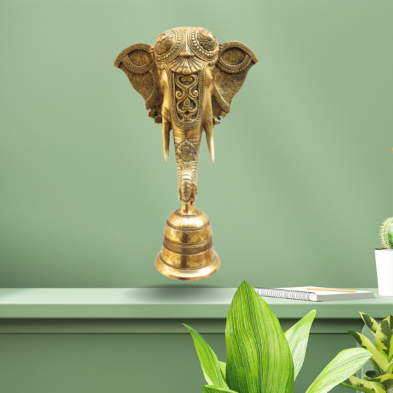 Handcrafted Brass Elephant Face Bell Hanging for Home Temple & Wall Decor 15inch  KBH08093