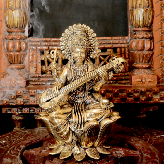 Brass Saraswati Idol  Maa Saraswati Murti for Home Temple, Study Table & Pooja Room Decor KBH10997