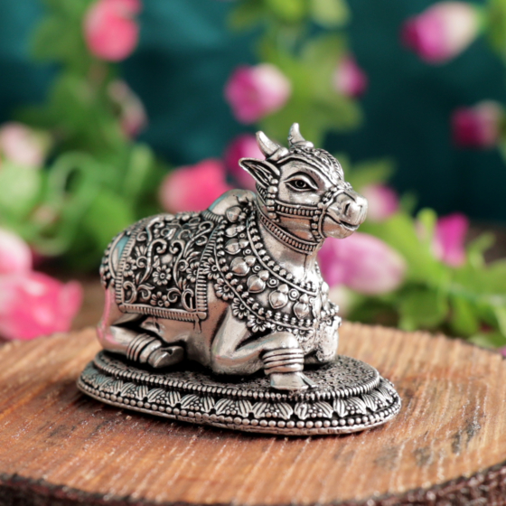 Decorative Silver Finish Nandi Murti for Pooja Room & Spiritual Decor BH12087