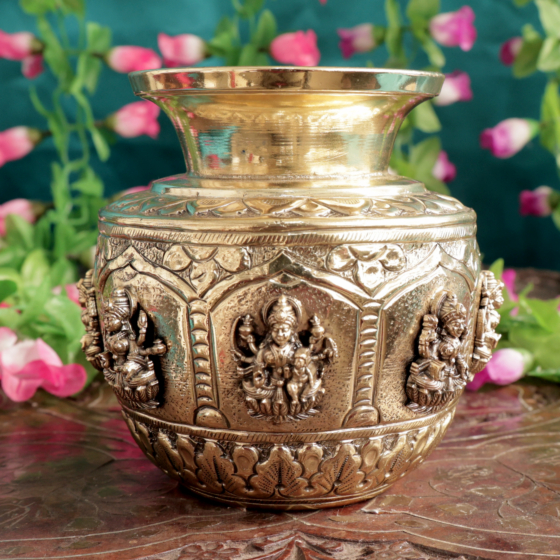 Decorative Brass Pooja Kalash with Ashta Lakshmi Design for Home Temple, BH12129