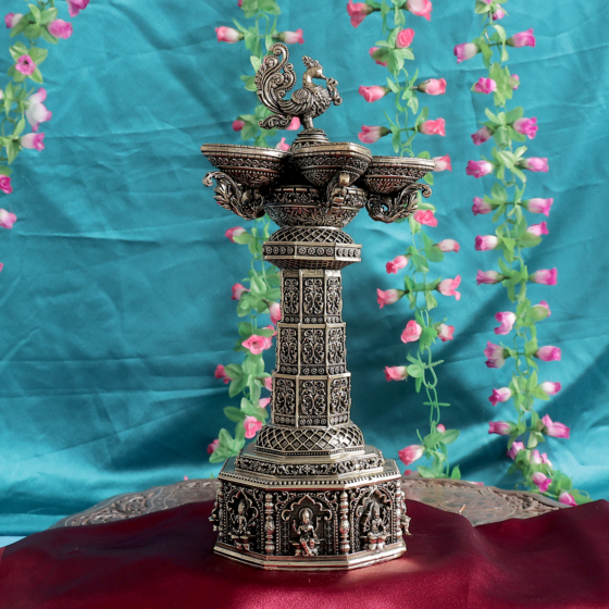 Brass Ashta Lakshmi Peacock Deepak for Home Temple & Decor BH12402