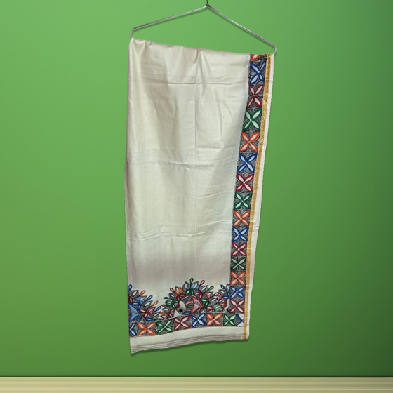 Handmade Bhagapuri Silk Dupatta with Madhubani Painting