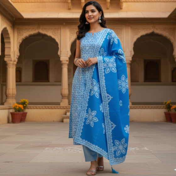 Blue Applique Cutwork 3 Pc Unstitched Fabric Set |  Dress Material