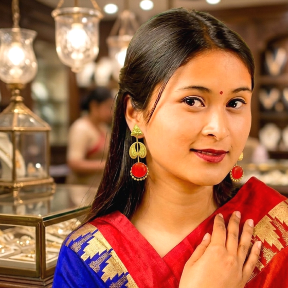 Handcrafted Brass Earrings with Red Monalisa Stone – Elegant Gold Polish Drop Earrings
