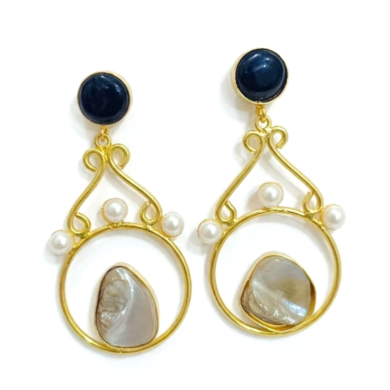 18K Gold Plated Brass Earrings with Black Monalisa Stone & Mother of Pearl – Elegant Handmade Designer Statement Dangle Earrings for Women