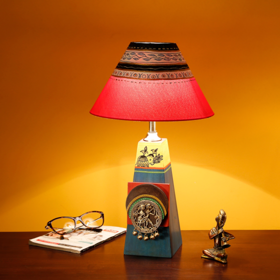 Embellished Lamp with Dhokra Brass Tiles & Red Shade