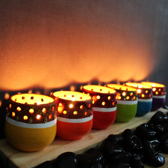 Multicolured Tea Light Holders with Complimentary Candles | Set of 6 | 